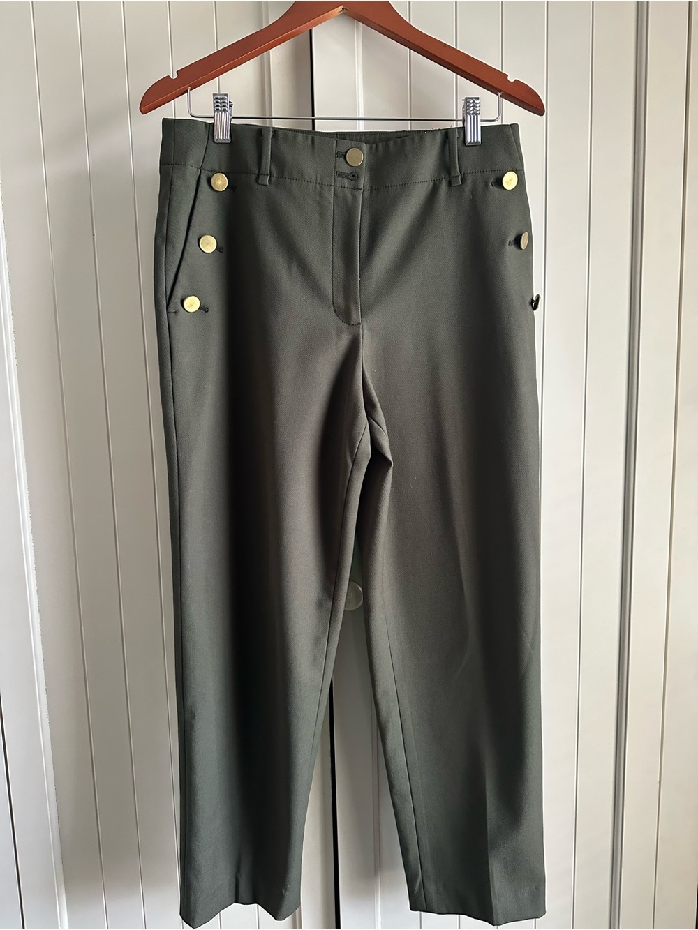 Club Monaco Olive Green Straight-Leg Pants with Gold Buttons